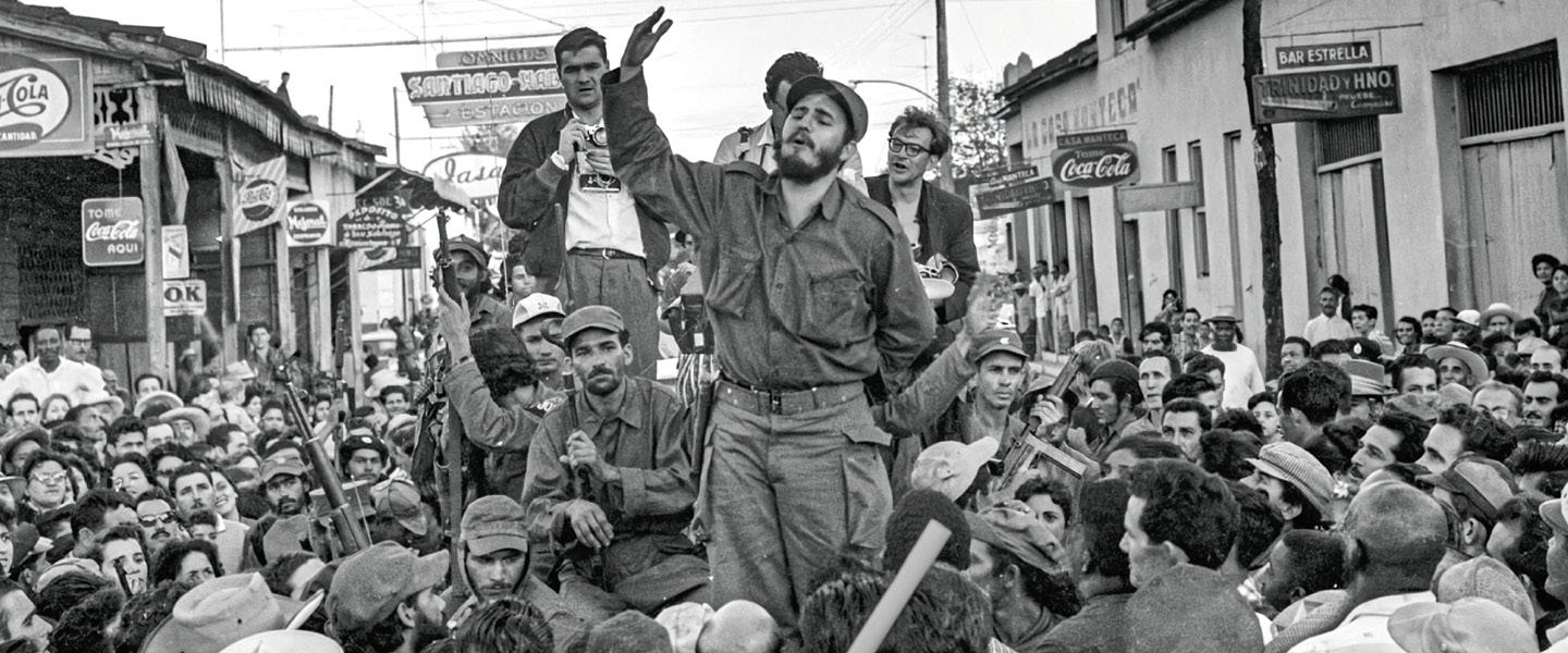 Black & white photo of Fidel Castro in Cuba with his rebel forces