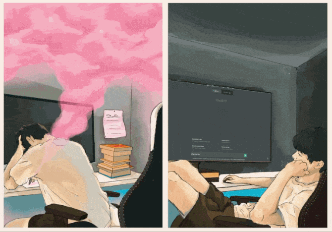 Illustration of a frustrated student sitting at their desktop