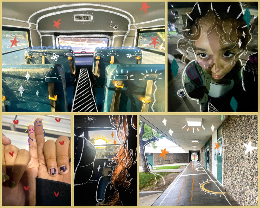 Photos of school moments with illustrations drawn on them