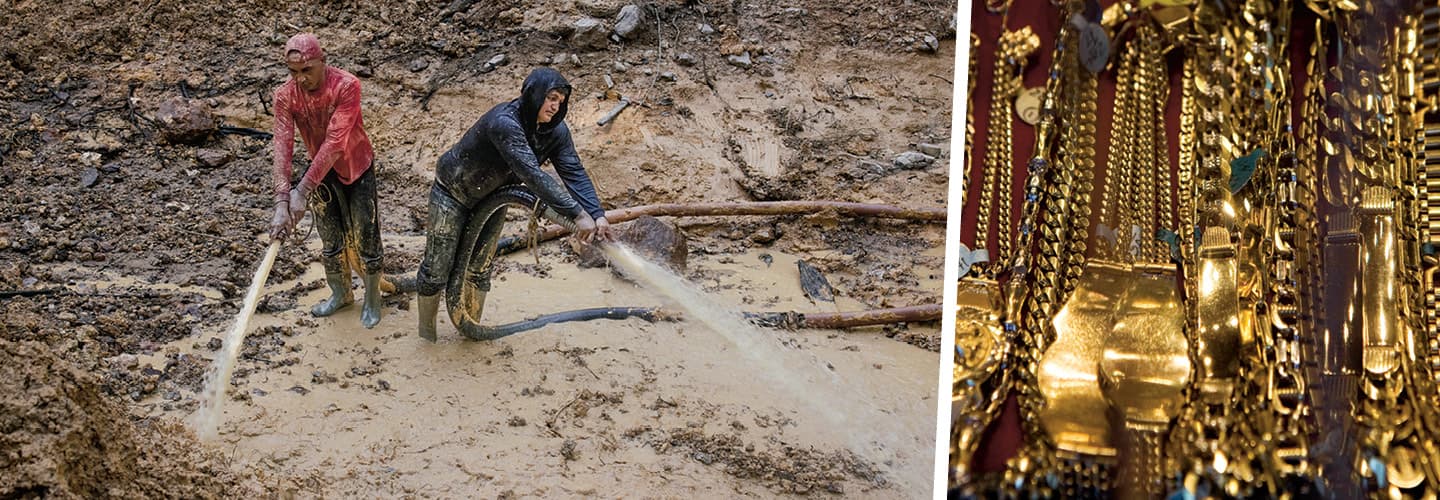 Images of workers at a gold mine and image of gold jewelry