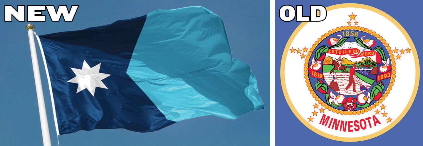 Image of old Minnesota flag and new colorful flag