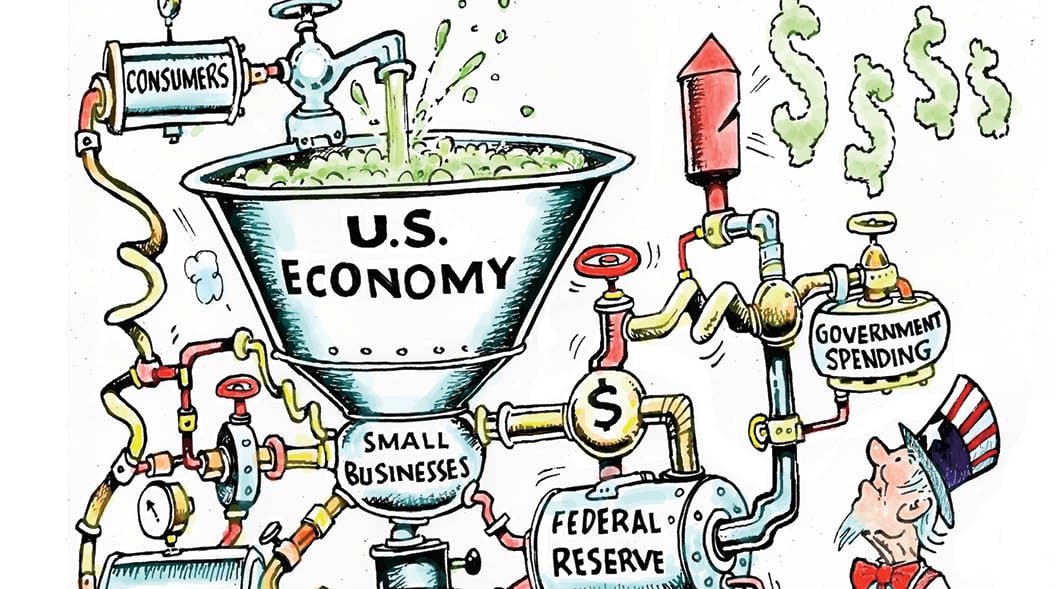 Comic showing consumers contributing to U.S. economy and airing the horn for government spending
