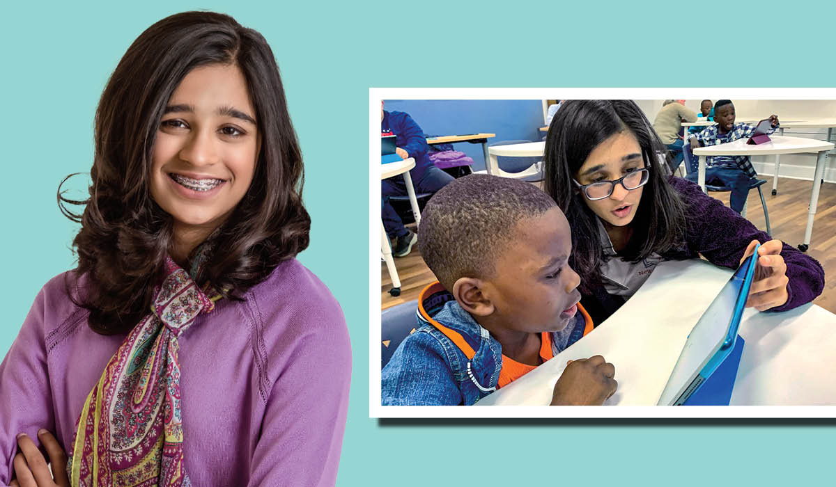 Image of person posing and then image of same person and a student watching a tablet together