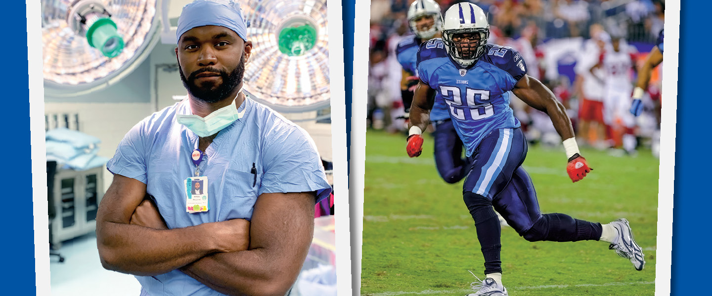 Photo of a neurosurgeon and photo of the same person as a football player