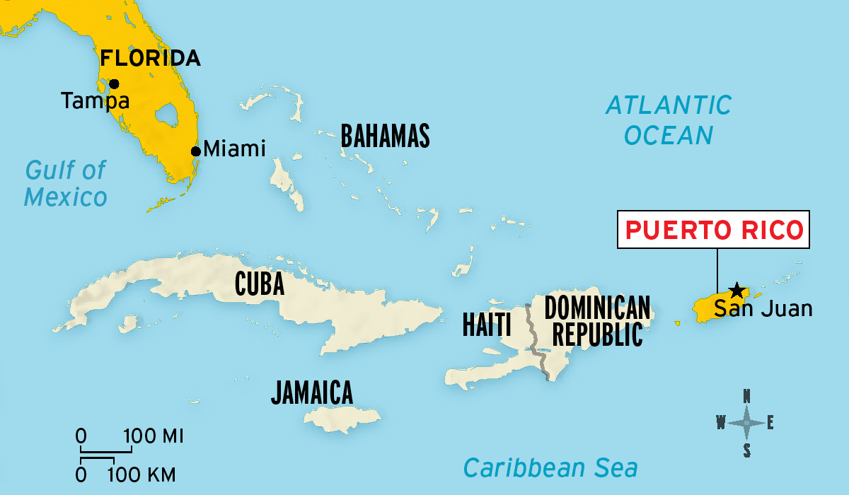 Map showing Puerto Rico next to Cuba, Haiti, and Dominican Republic