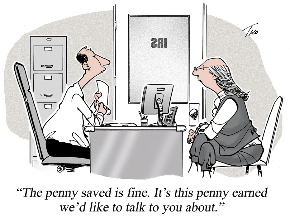 Comic of Benjamin Franklin meeting with the IRS to talk about earning pennies