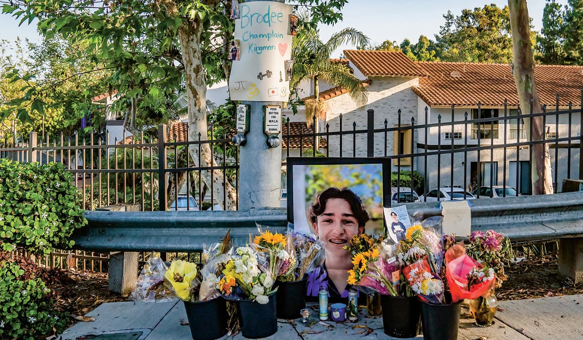 Photo of a memorial with various flowers located on a street corner