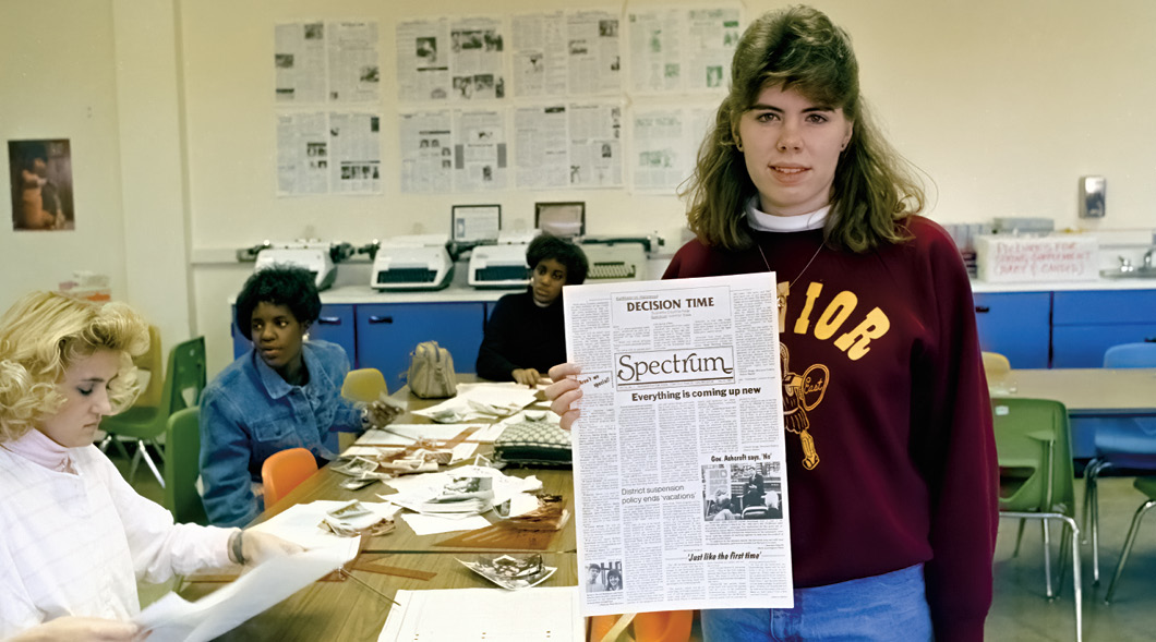 Photo from back in the day of female students writing their own newspaper