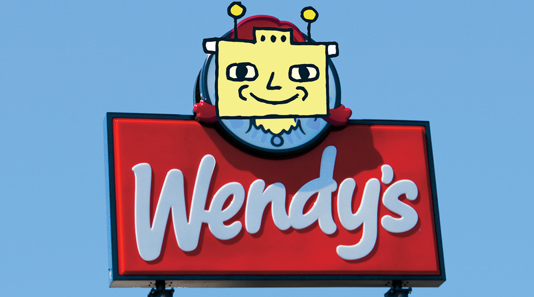 Image of a Wendy&apos;s sign where the face is replaced by a robot&apos;s