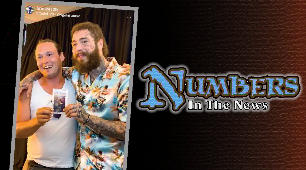 Photo of Post Malone posing with fan. Text, "Numbers in the News"
