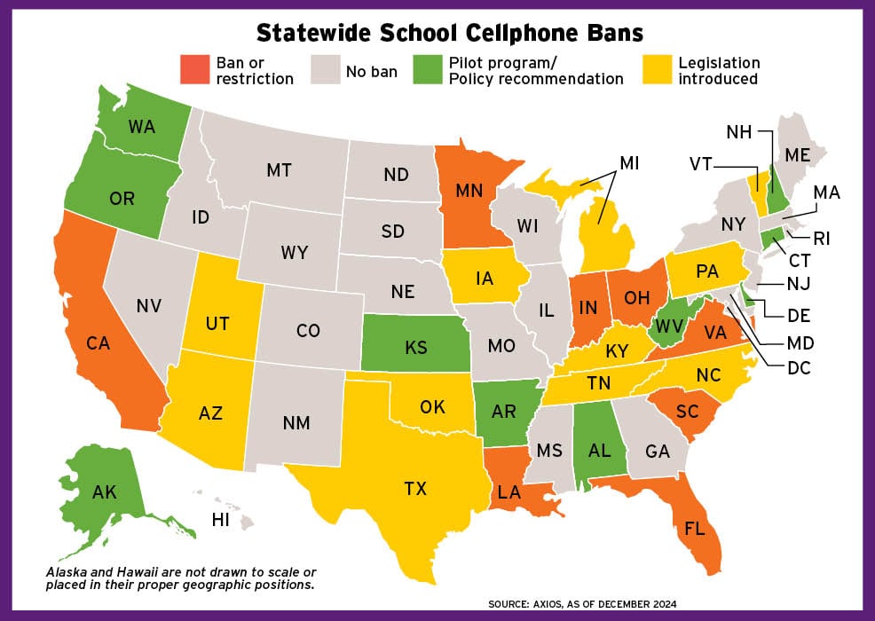 Map of America showing where the statewide school cellphone bans are located