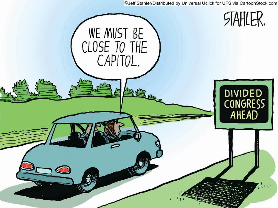 Comic of road sign, "Divided Congress Ahead" and passengers, "We must be close to the capitol"