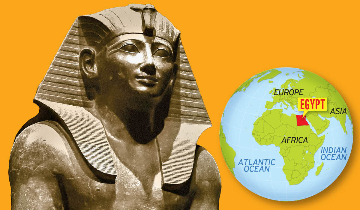 Image of Pharaoh head & world map highlighting Egypt