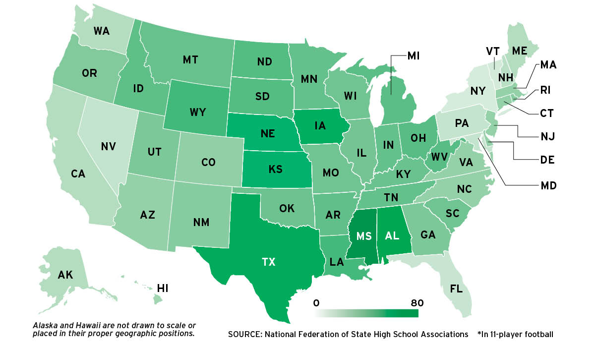 a map showing high school football participants per state