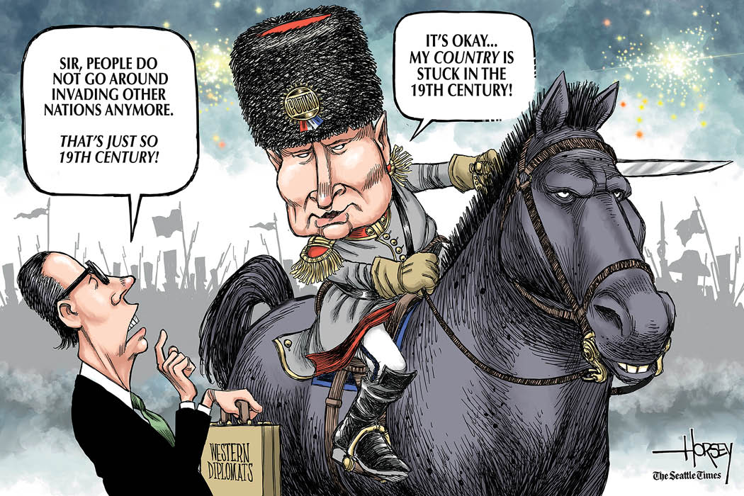 cartoon of Vladimir Putin on a horse claiming his country is stuck in the 19th century