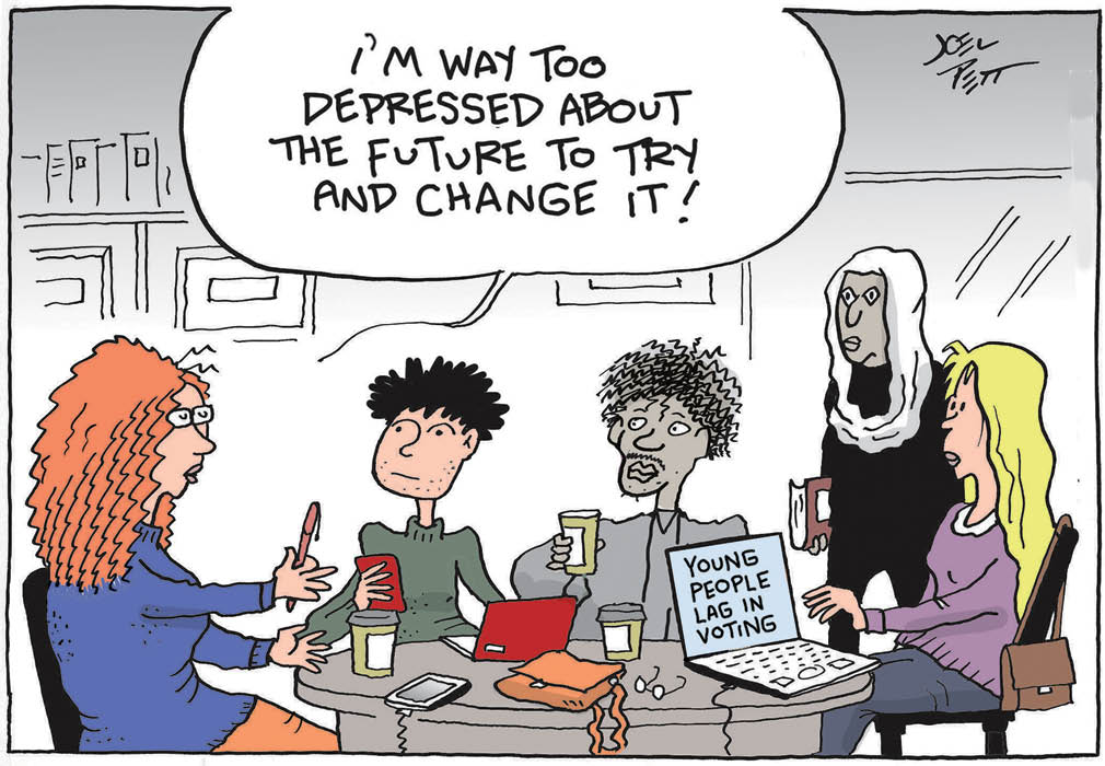 cartoon of young people saying they're too depressed about the future to try and change it