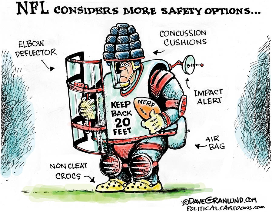 cartoon of a football player with extra protection, including a shield and air bag
