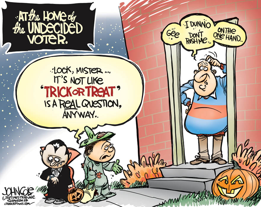cartoon showing trick or treaters at an undecided voter's house