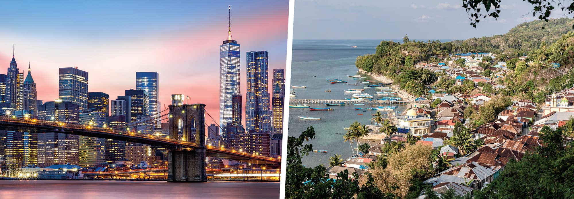 Left: the Manhattan skyline. Right: an island with many houses on the shore