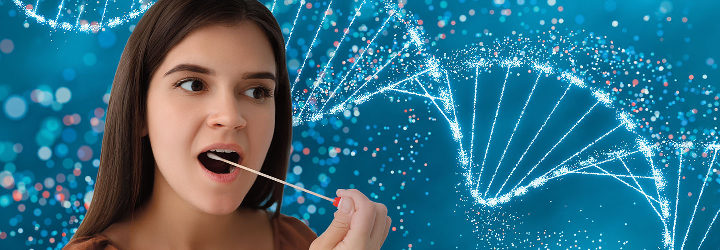 A girl uses a cotton swab to collect a DNA sample against a background of DNA double helix strands