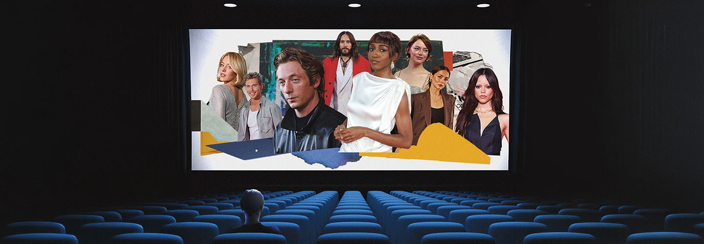 Movie theater screen displaying a collage of diverse actors and actresses