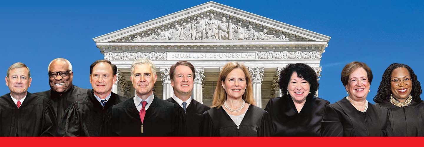 Nine Supreme Court justices in black robes standing in front of the Supreme Court building