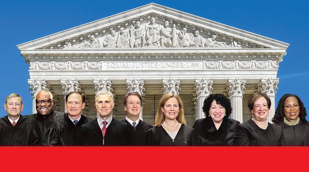 Nine Supreme Court justices in black robes stand in front of the Supreme Court building