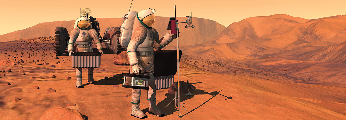 Two astronauts in spacesuits set up scientific equipment on the surface of Mars near a rover