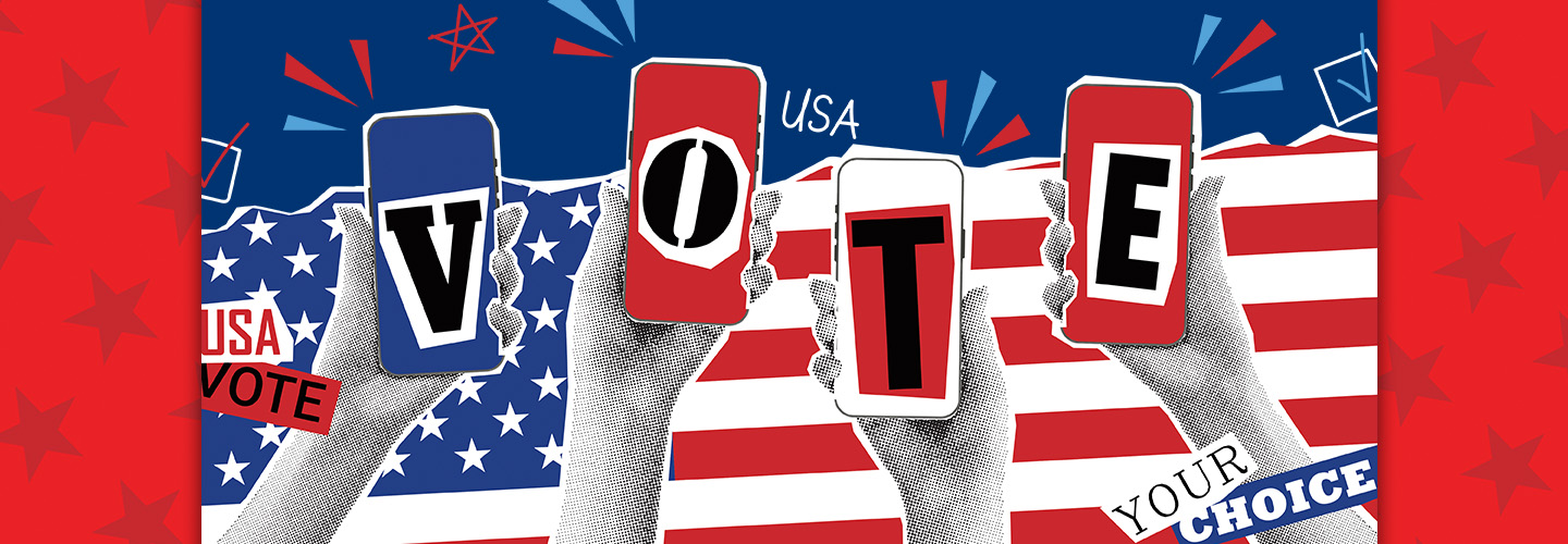 Three hands hold up phones that spell Vote against an American flag background