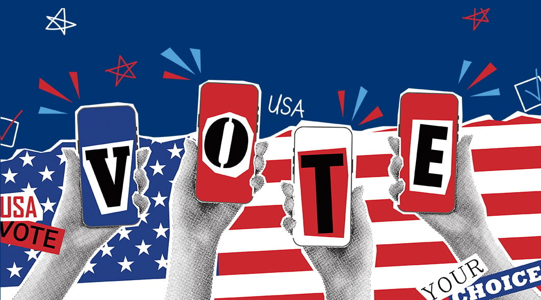 Four hands hold up phones that spell Vote against an American flag background