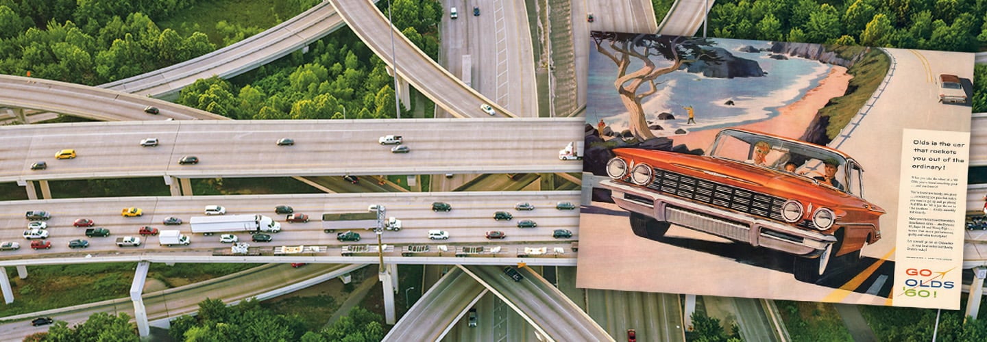 Composite image of an aerial view of a highway interchange with a vintage Go Olds 60 car ad overlaid