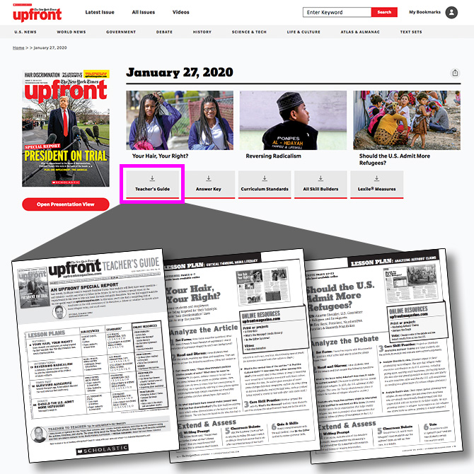 screenshot of the Upfront issue page with a spread of the Upfront teaching guide pages