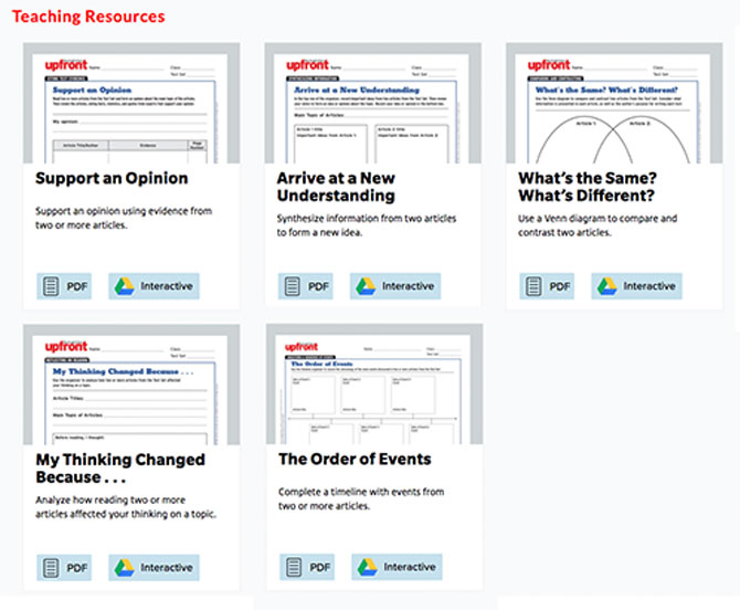 screenshot of the Upfront issue page&apos;s teaching resources section